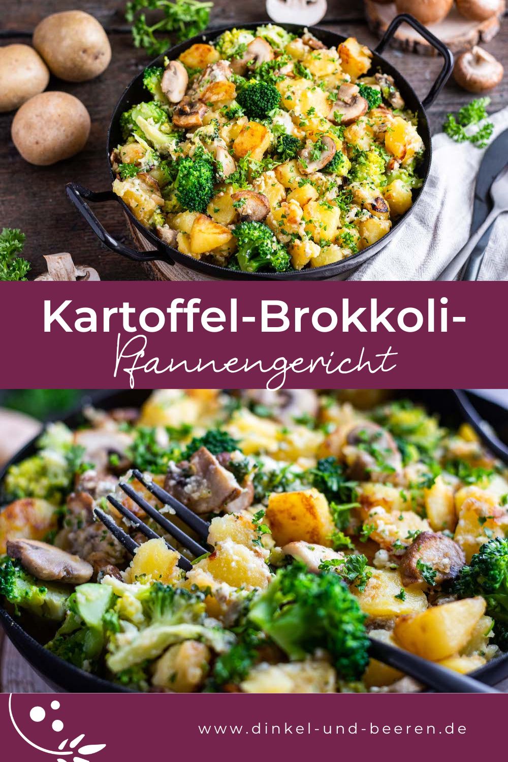 Pinterest-Grafik mit zwei Fotos der Kartoffel-Brokkoli-Pfanne, dazu der Schriftzug "Kartoffel-Brokkoli-Pfannengericht".