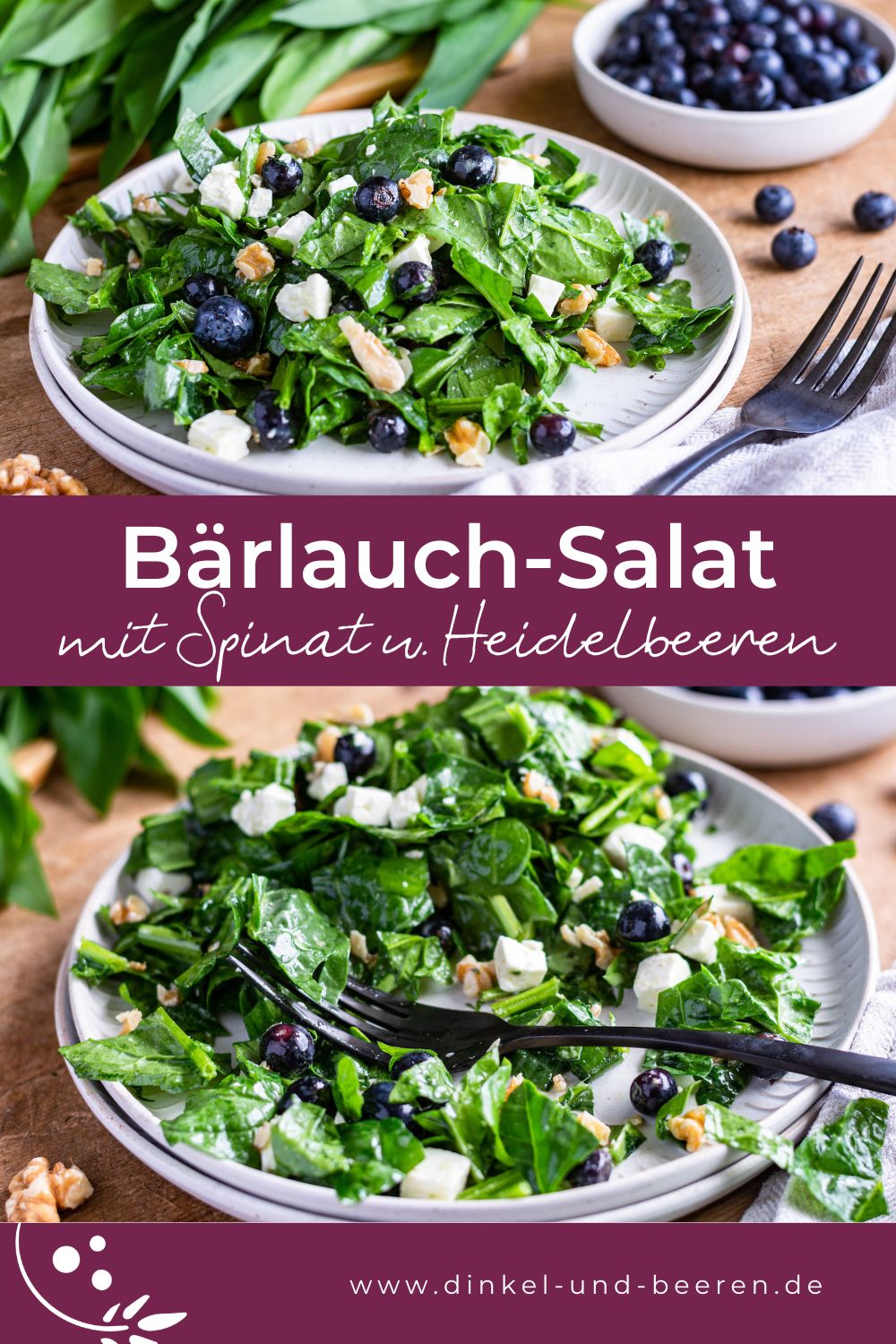 Pinterest-Grafik mit zwei Fotos vom Bärlauch-Salat, dazu der Schriftzug "Bärlauch-Salat mit Spinat und Heidelbeeren".