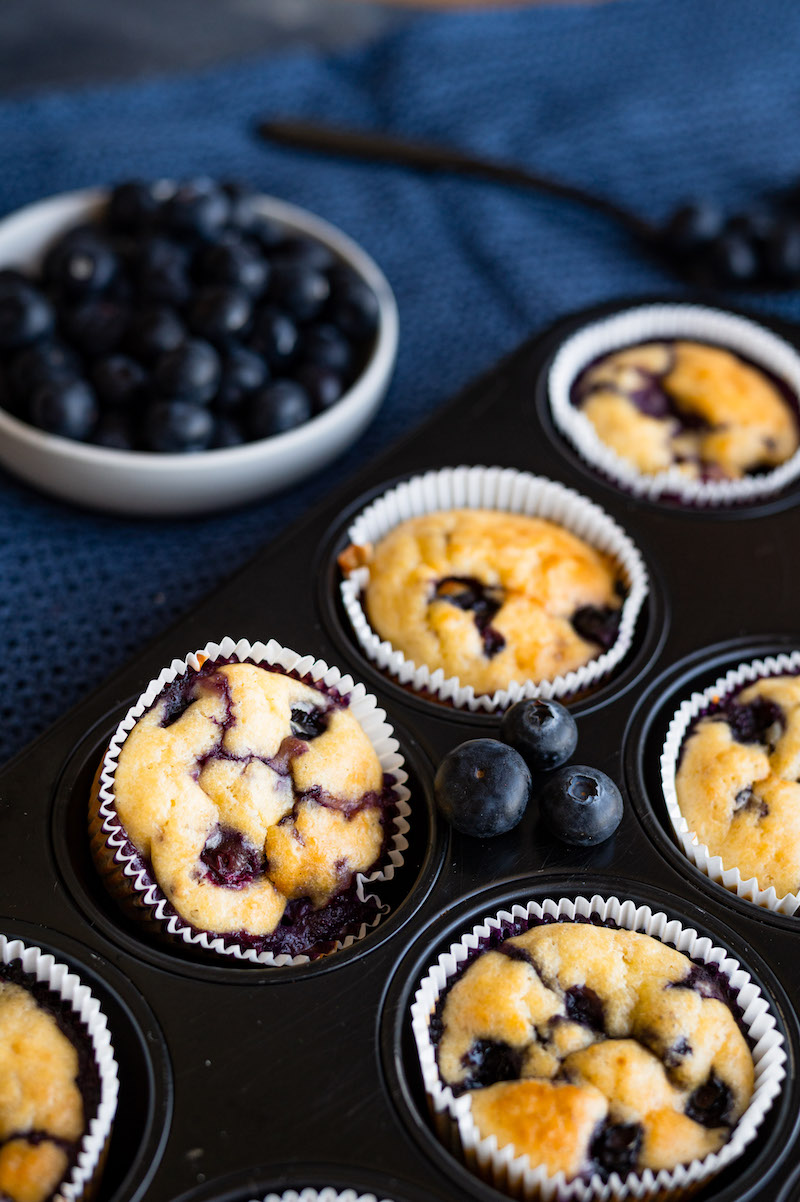 Blaubeermuffins in einer Muffinsform, ein Muffin liegt leicht schräg darin, im Hintergrund sind Heidelbeeren dekoriert.